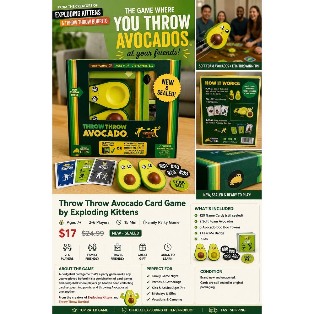Throw Throw Avocado Card Game NEW Sealed Exploding Kittens Family Party Game